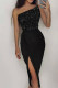 Black Fashion Sexy Patchwork Sequins Backless Slit Strapless Evening Dress