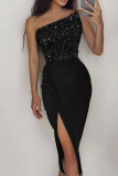 Green Fashion Sexy Patchwork Sequins Backless Slit Strapless Evening Dress