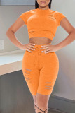 Tangerine Casual Solid Ripped Patchwork O Neck Short Sleeve Two Pieces
