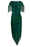 Green Celebrities Solid Tassel Sequins Patchwork Asymmetrical V Neck One Step Skirt Dresses