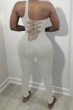 Pink Sexy Solid Hollowed Out One Shoulder Skinny Jumpsuits