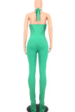 Green Sexy Solid Bandage Patchwork Backless Halter Regular Jumpsuits