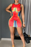Red Sexy Print Patchwork O Neck Pencil Skirt Dresses