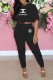 Black Fashion Casual Print Letter O Neck Short Sleeve Two Pieces