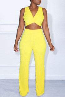 Yellow Fashion Casual Solid Basic V Neck Sleeveless Two Pieces