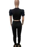 Black Casual Solid Patchwork O Neck Short Sleeve Two Pieces