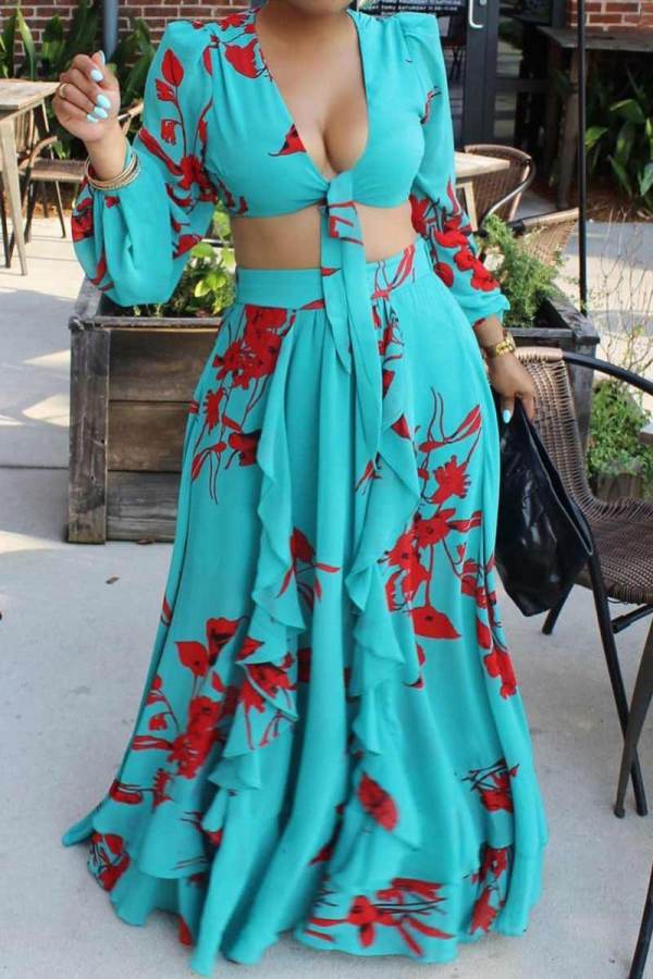 Green Sexy Print Bandage Patchwork V Neck Long Sleeve Two Pieces