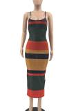 Red Sexy Striped Print Patchwork Backless Spaghetti Strap Pencil Skirt Dresses