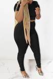 Black Casual Solid Patchwork O Neck Short Sleeve Two Pieces