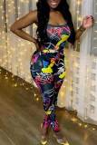 White Sexy Print Hollowed Out Graffiti Patchwork Halter Skinny Jumpsuits