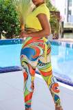 Yellow Sexy Print Bandage Patchwork O Neck Short Sleeve Two Pieces