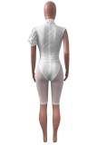 White Solid Hollowed Out Patchwork See-through Asymmetrical Half A Turtleneck Skinny Rompers