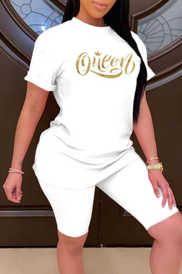 White Casual Print Patchwork O Neck Short Sleeve Two Pieces