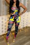 White Sexy Print Hollowed Out Graffiti Patchwork Halter Skinny Jumpsuits
