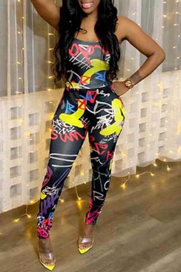 Black Sexy Print Hollowed Out Graffiti Patchwork Halter Skinny Jumpsuits