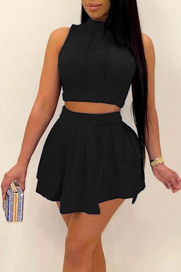 Black Sexy Solid Patchwork Fold O Neck Sleeveless Two Pieces