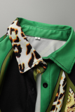 Green Casual Print Split Joint Turndown Collar Mid Waist Tops