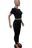 Black Casual Solid Patchwork O Neck Short Sleeve Two Pieces