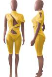 Yellow Solid Hollowed Out Patchwork See-through Asymmetrical Half A Turtleneck Skinny Rompers