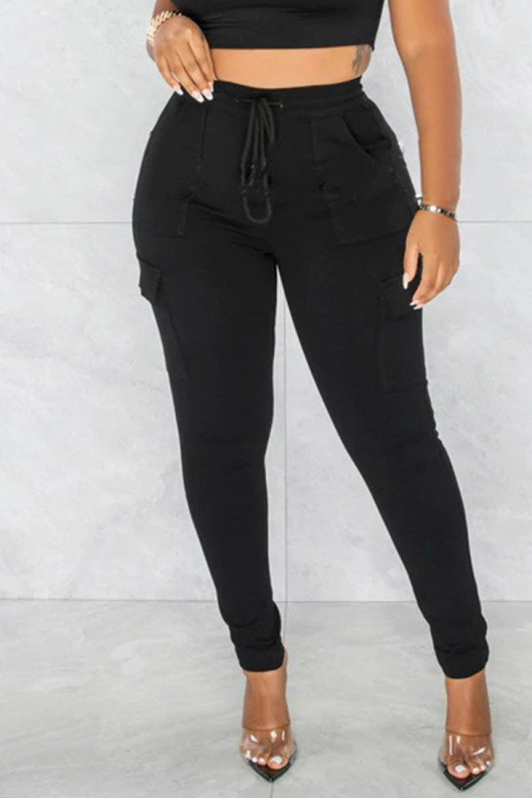 Black Casual Solid Patchwork Pocket High Waist Pencil Solid Color Bottoms