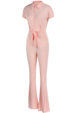 Pink Fashion Solid Bandage Turndown Collar Boot Cut Jumpsuits