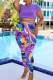 Purple Sexy Print Bandage Patchwork O Neck Short Sleeve Two Pieces