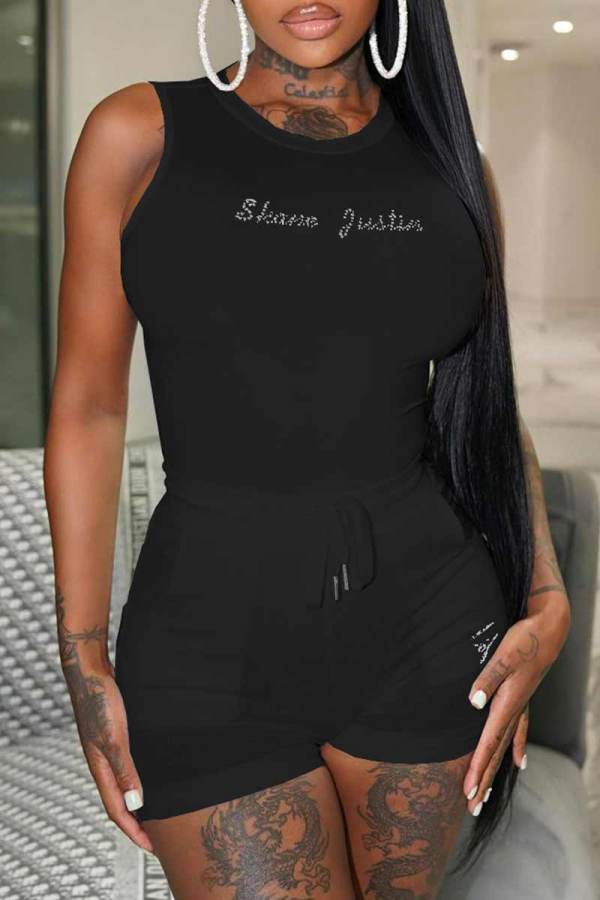 Black Sexy Solid Patchwork Hot Drill O Neck Sleeveless Two Pieces