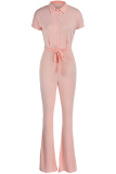 Pink Fashion Solid Bandage Turndown Collar Boot Cut Jumpsuits