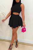 Rose Red Sexy Solid Patchwork Fold O Neck Sleeveless Two Pieces