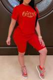 Red Casual Print Patchwork O Neck Short Sleeve Two Pieces