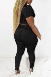 Black Casual Solid Patchwork O Neck Short Sleeve Two Pieces