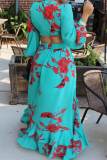 Yellow Sexy Print Bandage Patchwork V Neck Long Sleeve Two Pieces