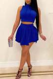 Rose Red Sexy Solid Patchwork Fold O Neck Sleeveless Two Pieces