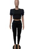 Black Casual Solid Patchwork O Neck Short Sleeve Two Pieces