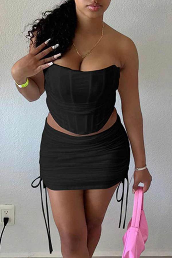 Black Sexy Solid Bandage Patchwork Strapless Sleeveless Two Pieces