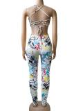 White Sexy Print Hollowed Out Graffiti Patchwork Halter Skinny Jumpsuits