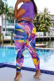 Yellow Sexy Print Bandage Patchwork O Neck Short Sleeve Two Pieces