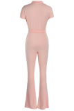 Pink Fashion Solid Bandage Turndown Collar Boot Cut Jumpsuits