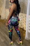 White Sexy Print Hollowed Out Graffiti Patchwork Halter Skinny Jumpsuits