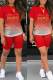 Red Casual Print Patchwork O Neck Short Sleeve Two Pieces