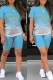 Light Blue Casual Print Patchwork O Neck Short Sleeve Two Pieces