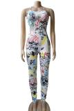 White Sexy Print Hollowed Out Graffiti Patchwork Halter Skinny Jumpsuits