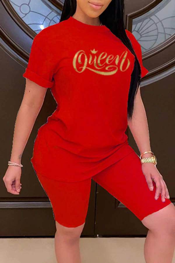 Red Casual Print Patchwork O Neck Short Sleeve Two Pieces