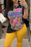 Black Casual Print Patchwork O Neck T-Shirts