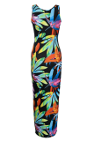 Colour Sexy Print Patchwork U Neck Pencil Skirt Dresses