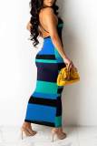 Red Sexy Striped Print Patchwork Backless Spaghetti Strap Pencil Skirt Dresses