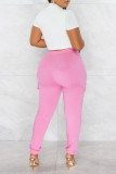 Pink Casual Solid Patchwork Pocket High Waist Pencil Solid Color Bottoms