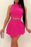 Rose Red Sexy Solid Patchwork Fold O Neck Sleeveless Two Pieces