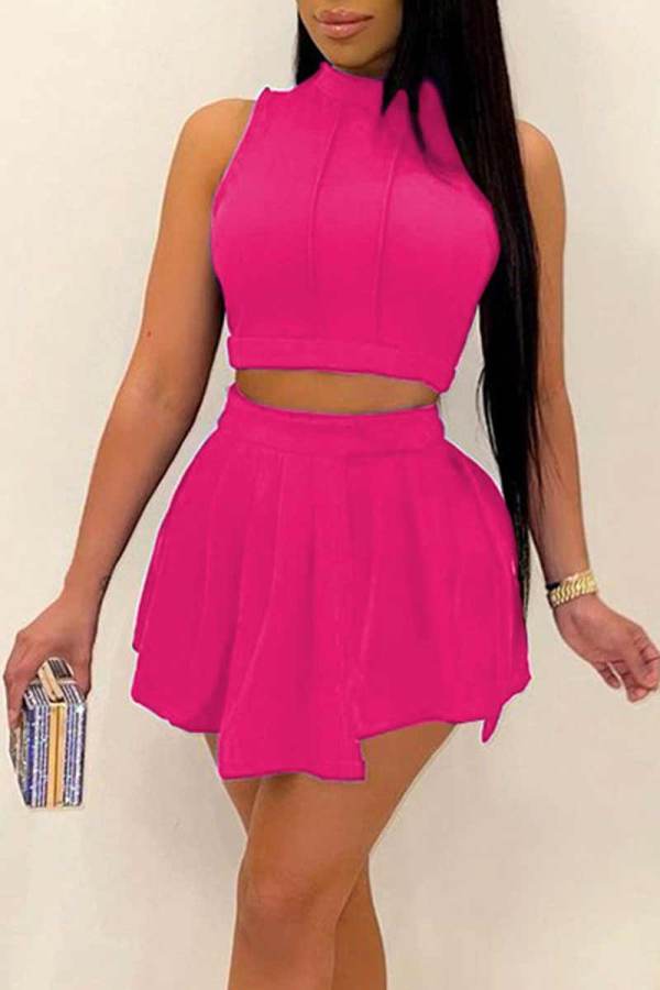Rose Red Sexy Solid Patchwork Fold O Neck Sleeveless Two Pieces