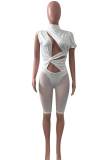 White Solid Hollowed Out Patchwork See-through Asymmetrical Half A Turtleneck Skinny Rompers